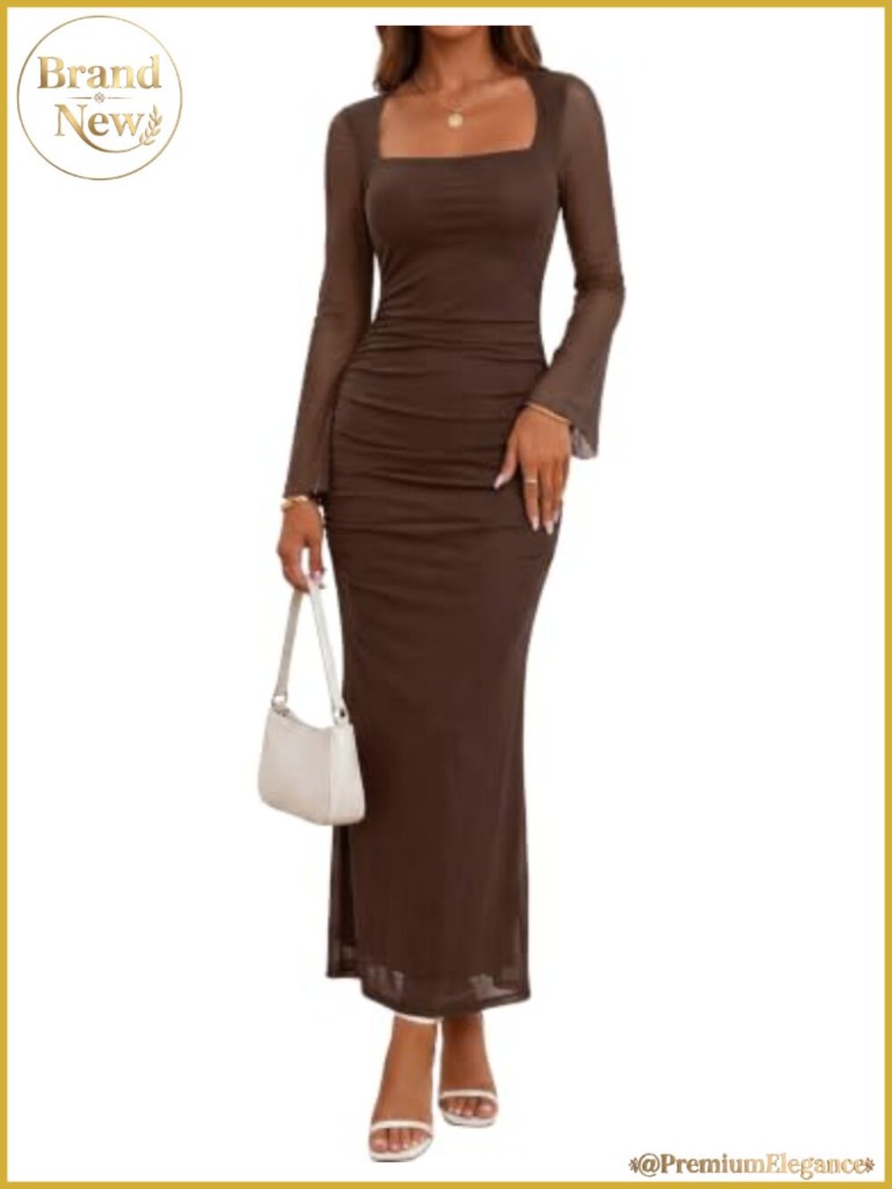 Women's Long Sleeve Maxi Mesh Formal Ruched Wedding Guest Dress